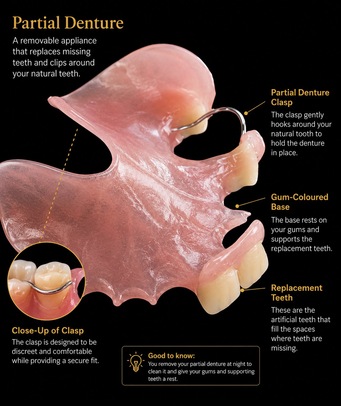 Partial denture infographic highlighting the metal clasp, gum-coloured base, replacement teeth, and nighttime cleaning reminder